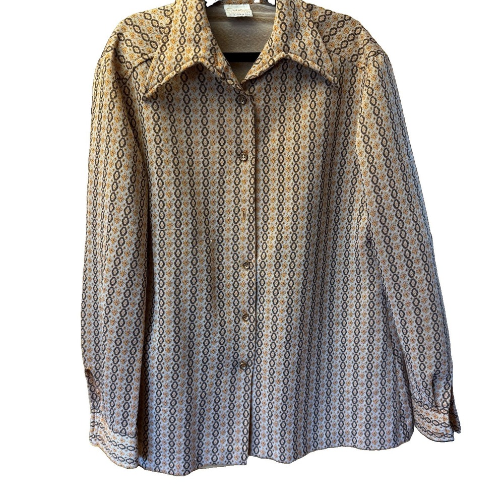 Vintage Catalina 70s Geometric Knit Pointed Collar Gold Button Up Shirt XS 13/14